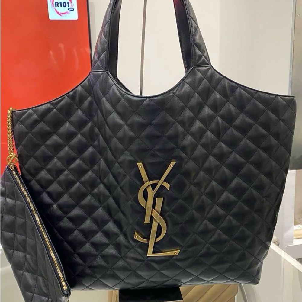 Yves Saint Laurent Icare i care maxi Quilted Black Leather Tote with Gold YSL